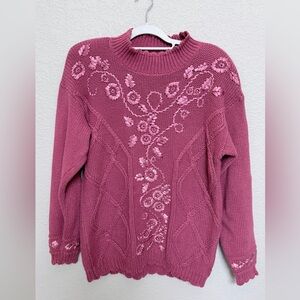 Vintage Ninon de Lenclos Pink Rose Floral Embroidered Sweater Cottagecore Knit M